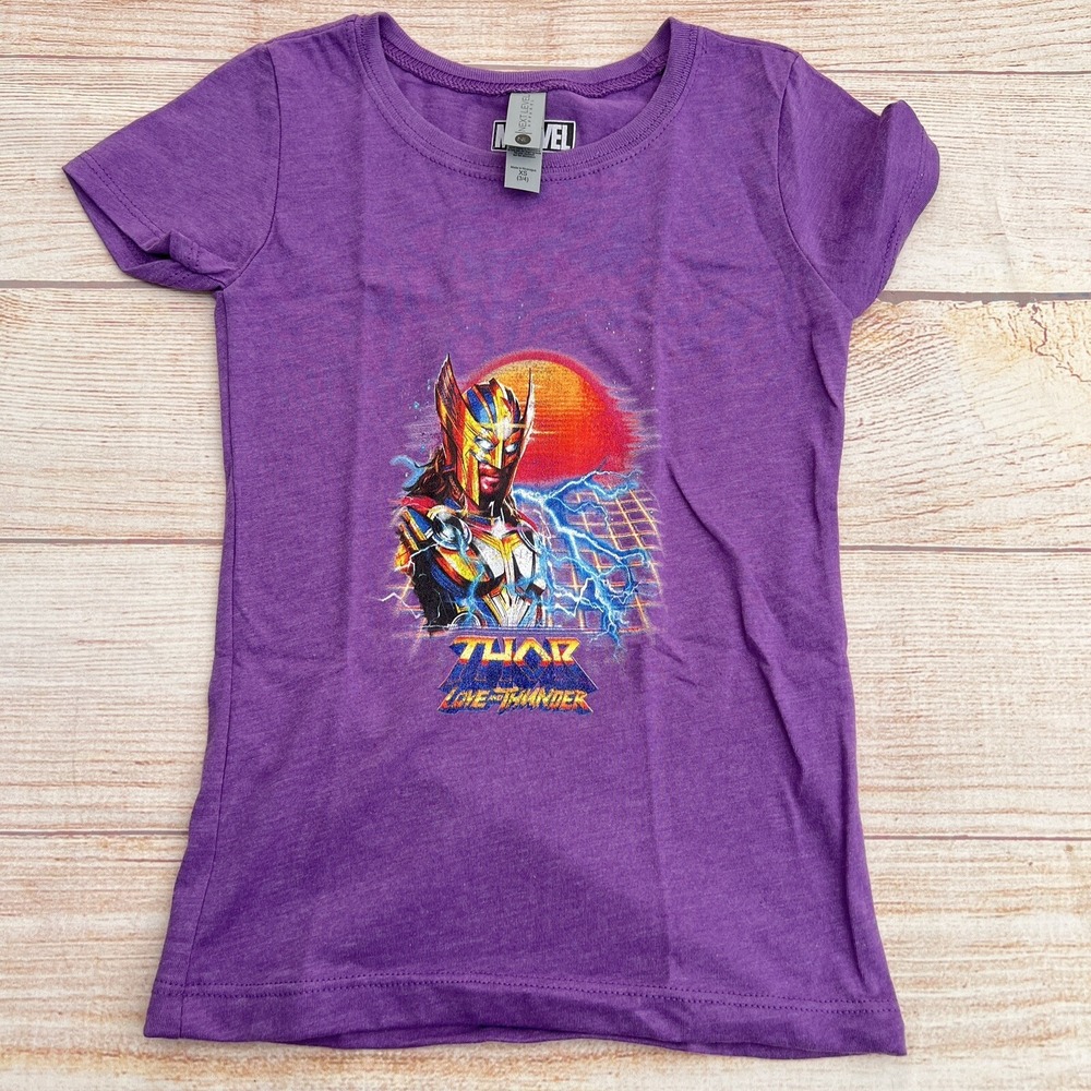Thor Love & Thunder Synthwave Sunset Girls Short Sleeve Purple Tee Shirt XS(3-4)